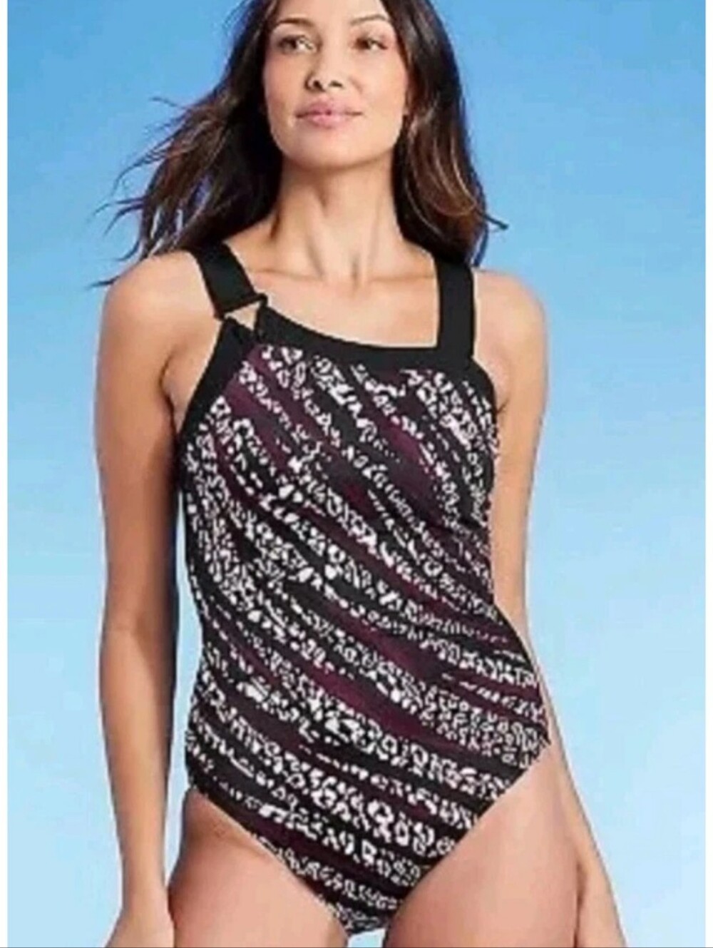 Women's UPF 50 Asymmetrical Shoulder One Piece Swimsuit - Aqua Green Burgundy L